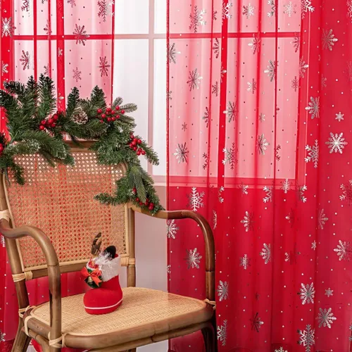 Vista 7 de Cortinas traslúcidas de Navidad para sala de estar, cortinas transparentes con estampado de copos de nieve de lujo, cortinas con bolsillo