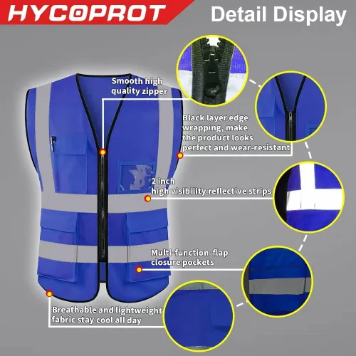 Vista 3 de HYCOPROT Chaleco reflectante de seguridad de alta visibilidad con bolsillos y cremallera, cumple con las normas ANSI/ISEA Azul