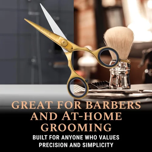 Vista 6 de Ontaki Tijeras para barba y bigote para hombre, acero japonés de 5.5 pulgadas, latón dorado, cuchillas afiladas, reposapiés ergonómico y tornillo