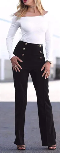 Vista 2 de Lucuna Pantalones largos elásticos de cintura alta para mujer corte holgado para trabajo de oficina con cinturón
