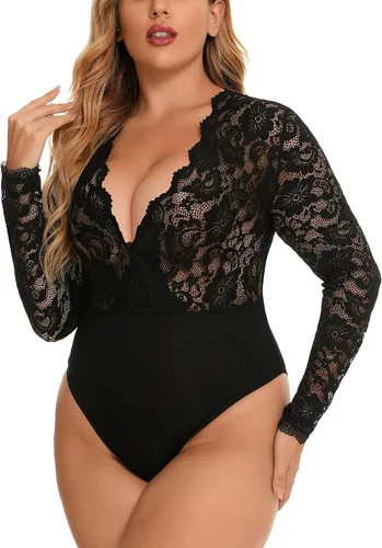 Vista 4 de Gladiolus Body de encaje para mujer, talla grande, sexy, con escote en V profundo, a presión, de manga larga, L-XXXL