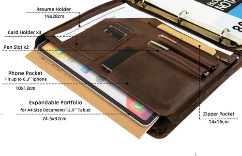 Vista 4 de Carpeta y organizador de cuero genuino, carpeta de cuero vintage de 3 anillos, padfolio personalizado para hombres de negocios, blocs legales