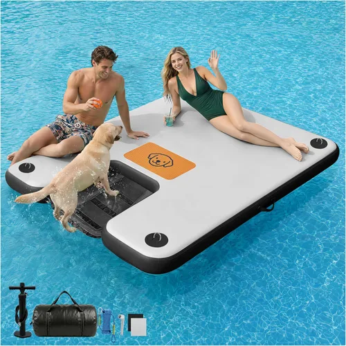 Vista 12 de AWEMUFA Muelle flotante inflable con rampa de 5 pies/6 pies/8 pies/10 pies, plataforma flotante flotante, tapete flotante de isla flotante, flotador