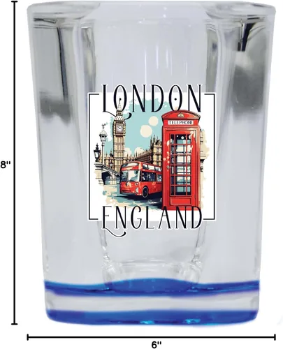Vista 3 de London England Design C Souvenir - Vaso de chupito cuadrado de 2.5 onzas, base azul, paquete de 2