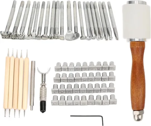Vista 2 de Leather Sculpture Stamping Tools Kit, Professional Leather Working Tools, 21 Patterns with English Letters and Numbers, DIY Leather Craft Set for