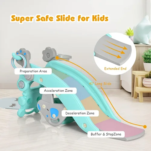 Vista 2 de Costzon - Juego de tobogán para niños pequeños de 5 en 1, juguete con columpio, tobogán para niños con taburete desmontable, aro de baloncesto