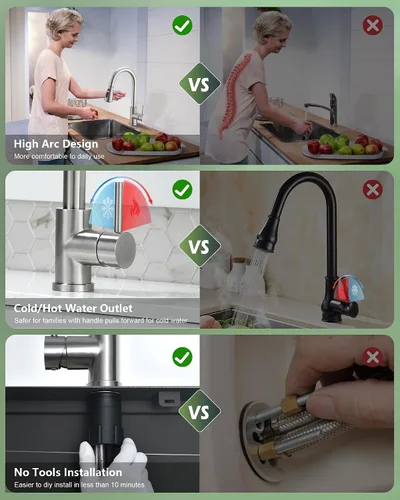 Vista 4 de VFAUOSIT - Grifo de cocina con rociador extraíble, grifo de fregadero de cocina sin plomo, níquel cepillado, acero inoxidable, arco alto, extracción