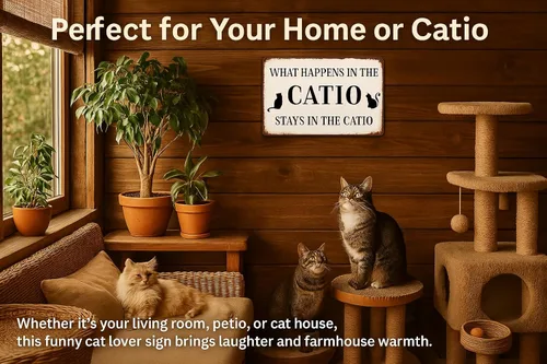 Vista 2 de Cartel de metal con diseño de hojalata de amante de gatos, "What Happens In The Catio Stays In The Catio", cartel divertido para casa de gatos