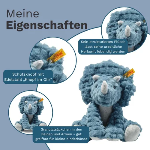 Vista 3 de Steiff Dixi Triceratops - Juguete de peluche de dinosaurio de peluche, color azul, 11 pulgadas