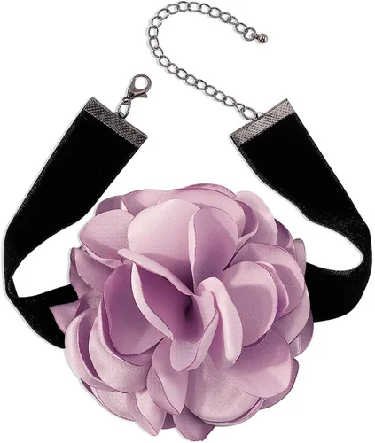 Vista 5 de Gargantilla bohemia de terciopelo negro con flor de rosa púrpura 3D y collar floral de satén, collar de flores grandes exageradas para regalos