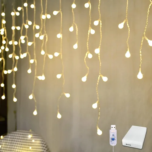 Vista 9 de YOLIGHT Luces de hadas para cortina, luz de bola de icículo alimentada por USB/batería, 13 pies 96 luces LED de globo colgantes para dormitorio