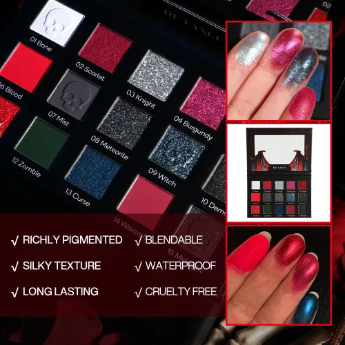 Vista 3 de Paleta de sombras de ojos roja y negra, maquillaje gótico rojo de Halloween Paleta de sombras de ojos negra con brillo plateado y purpurina, crema