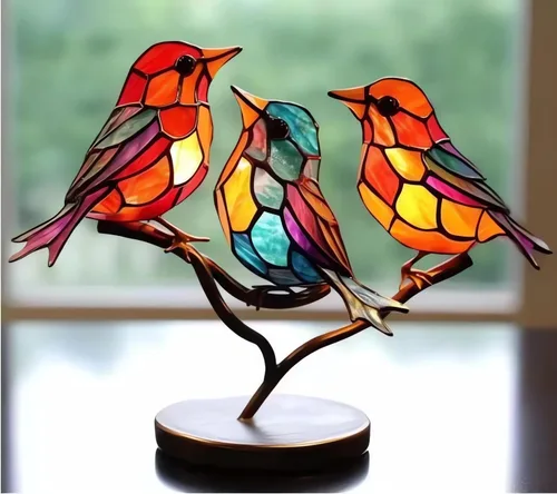 Vista 4 de Adornos de escritorio de pájaros en rama, acrílico manchado de doble cara, estatua multicolor de colibrí, escultura de pájaro de arte de metal