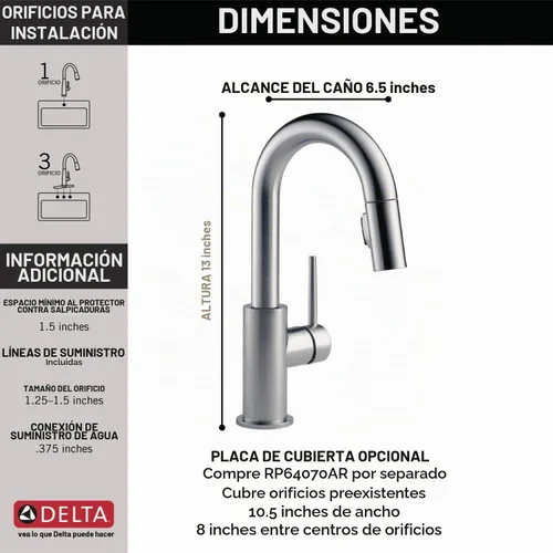 Vista 5 de Delta Grifo Trinsic Grifo de fregadero de cocina de un solo mango, 9959-AR-DST Ártico inoxidable