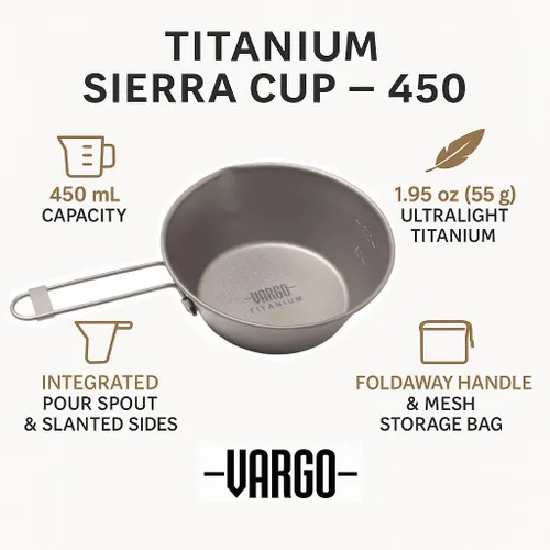 Vista 4 de Vargo Outdoors Titanium Sierra Cup 450 - Taza ultraligera y duradera para acampar y mochilero