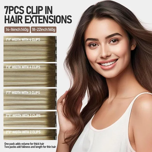 Vista 87 de VINBAO Extensiones de cabello humano con clip, balayage, color marrón ceniza a rubio caramelo, 14 pulgadas, 6 unidades, 3.53 onzas, 6