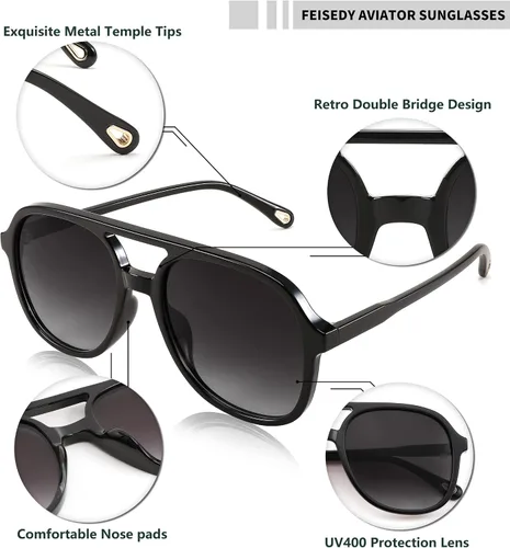 Vista 2 de FEISEDY Lentes de sol retro para mujeres y hombres, cuadrados, aviador, años 70, clásico, doble puente UV400, lentes de sol con marco de lente B2394