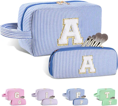 Vista 23 de Bolsa de maquillaje personalizada con inicial A-Z para mujeres, niñas y niños, bolsa de aseo de viaje, bolsa de maquillaje preparada, bolsa