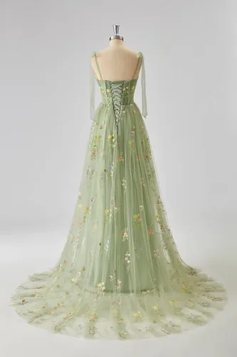 Vista 4 de Vestidos de fiesta de manga hinchada, tul bordado de flores, sin espalda, acampanado, vestido de fiesta formal de noche para mujer