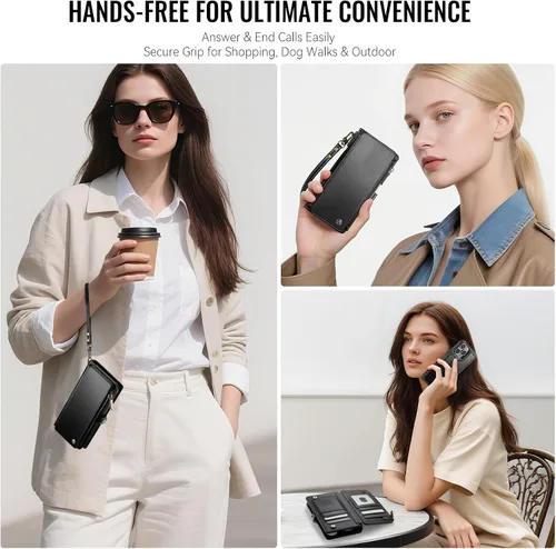Vista 6 de Defencase Funda magnética para iPhone 13 Pro compatible con Magsafe con bloqueo RFID, correa de cremallera y tarjetero para mujer, funda de piel