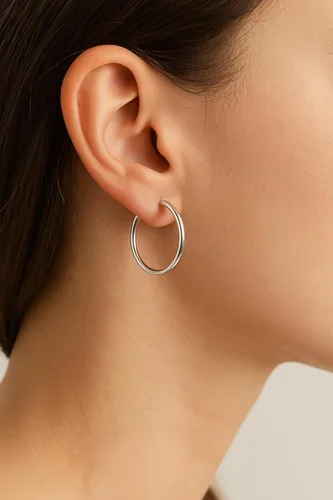 Vista 3 de Hoop Earrings 20 mm Sterling Silver 925 Pair Sleeping Endless Wire Plain Round Handmade Jewelry