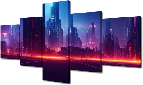 Vista 183 de Cuadros de 5 paneles de Cyberpunk City, arte de pared, representación de vallas publicitarias, edificios modernos en la capital con obras de arte