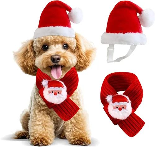 Vista 9 de Juego de gorro y bufanda de Navidad para perros pequeños, cachorros, gatos, 2 piezas de sombrero de Santa ajustable y bufanda de punto, disfraz