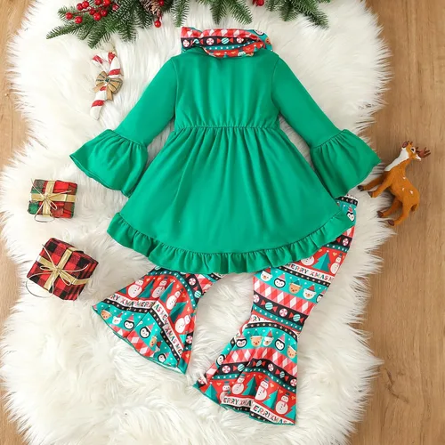 Vista 3 de Traje de Navidad para bebé niña, camisa de manga larga, vestido con volantes, leggings para niños, pantalones acampanados, bufanda, disfraz de Papá