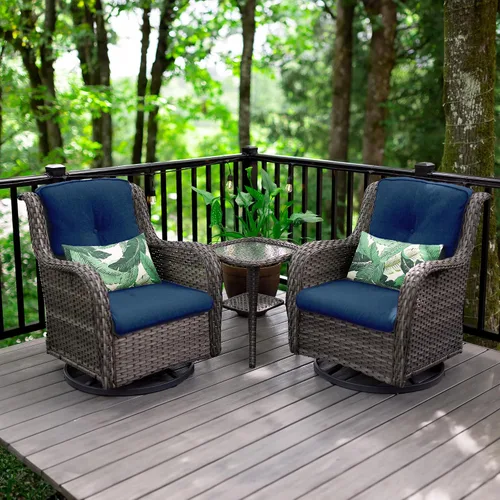Vista 2 de Juego de 2 sillas de patio giratorias de 360 grados para exteriores y mesa auxiliar a juego – 3 sillas deslizantes de mimbre para patio con cojines