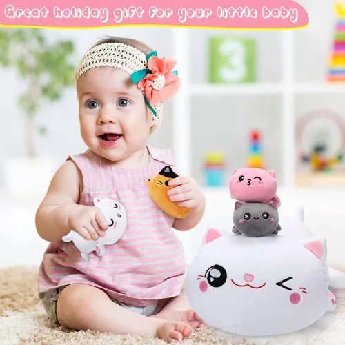 Vista 6 de Libima 5 piezas de animales de peluche de gato de Navidad con bebés dentro del vientre, 1 gato de peluche mamá con 4 gatitos juguetes de peluche