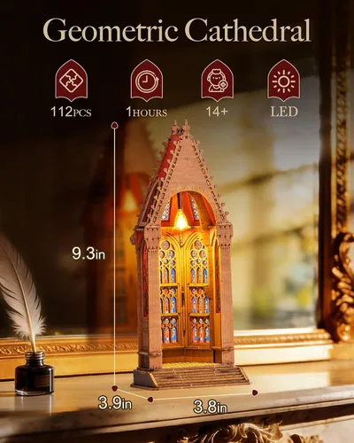 Vista 2 de Rolife Rompecabezas de madera 3D, modelo de arquitectura de catedral de geometría con luces LED, kit de construcción de manualidades para adultos