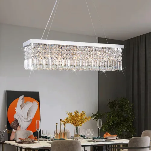 Vista 11 de Araña moderna de onda, araña rectangular de cristal con gotas de lluvia, montaje empotrado, lámpara colgante de techo cromada, ideal para comedor