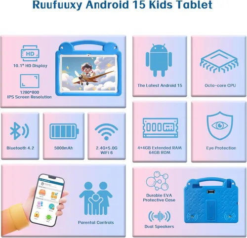 Vista 3 de Tablet infantil de 10.1 pulgadas, tableta Android para niños, Android 15, pantalla de 1280 x 800, CPU Octa-Core, 8 GB+64 GB, 1 TB expandible a Azul