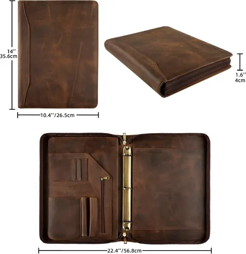 Vista 2 de Carpeta y organizador de cuero genuino, carpeta de cuero vintage de 3 anillos, padfolio personalizado para hombres de negocios, blocs legales