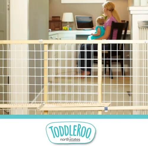 Vista 8 de Toddleroo de North States - Puerta de bebé de malla de alambre extra ancha de madera: Puerta de bebé montada a presión para puertas - Ajustable