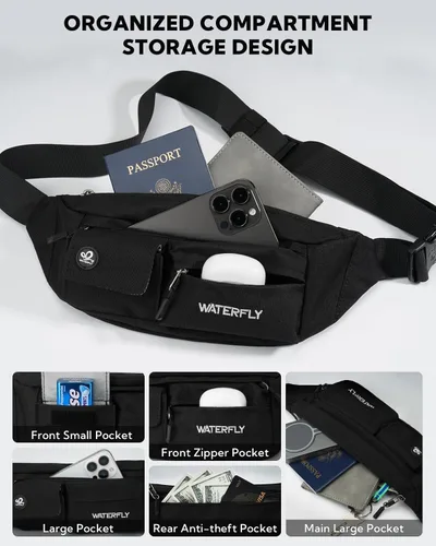 Vista 3 de WATERFLY - Riñonera pequeña con correa para el hombro: bolsa delgada y ligera con 5 bolsillos para la cintura y la cadera, para mujeres y hombres