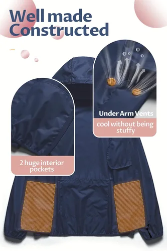 Vista 3 de CREATMO US Chaqueta impermeable para mujer, para correr, reflectante, rompevientos con capucha desmontable