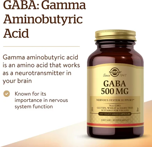 Vista 3 de Solgar GABA 500 mg, 100 cápsulas vegetales – Relajación y apoyo del sistema nervioso – Aminoácidos – Sin OMG, vegano, sin gluten, sin lácteos
