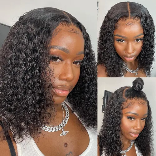 Vista 14 de Recomtic Pelucas rizadas Bob de cabello humano corto frontal 13x4, pelucas de encaje frontal lisas y onduladas para mujeres negras, cabello humano