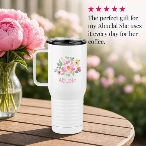 Vista 7 de Just So Posh Abuela Flowers Tumbler, Vaso de Café de Viaje con Asa y Tapa Deslizante, Blanco 20 oz Polar Camel, Acero Inoxidable, Aislado al Vacío