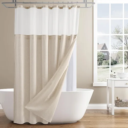 Vista 7 de Naturoom Cortina de ducha de lino de 72 pulgadas para baño, color beige y blanco, doble capa