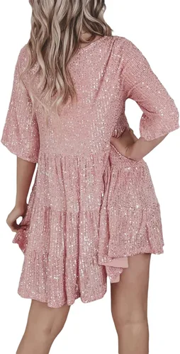 Vista 6 de Vestido de lentejuelas brillantes para mujer, cuello redondo, manga corta, color sólido, suelto, con purpurina, vestido de muñeca de bebé, fiesta
