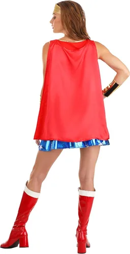 Vista 3 de Fun Costumes Disfraz de Mujer Maravilla con capa para mujer, traje de superhéroe rojo, blanco y azul con capa y accesorio de corona para Halloween