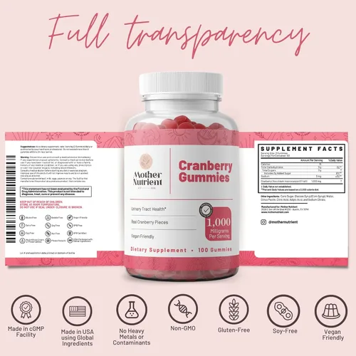 Vista 5 de Mother Nutrient Suplemento de gomitas de arándano para mujeres y niños, salud del tracto urinario, menos agrio y 90% menos dulce, sin gluten, sin