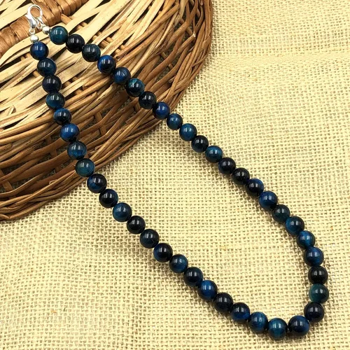 Vista 5 de SHNAYA JEWELS Gargantilla de 15.5 pulgadas con cuentas redondas de ojo de tigre de estrella azul natural para niñas y mujeres, collar unisex, collar