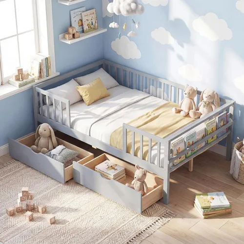 Vista 14 de KOMFOTT Base de cama individual de madera con rieles de valla y 2 cajones extraíbles, marco de cama individual para niños con estante lateral,