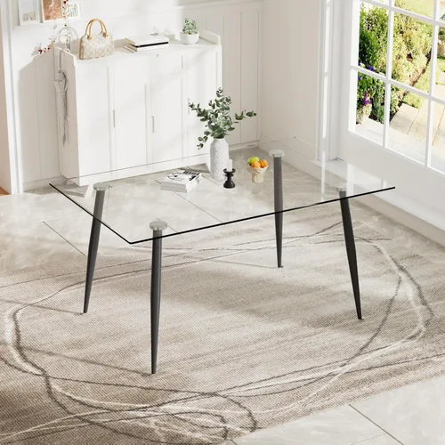 Vista 3 de Baysitone Mesa de comedor de cristal para 4 personas con tapa de vidrio rectangular transparente de 51 pulgadas, muebles de cocina de vidrio Negro