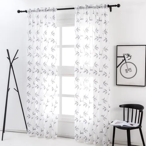 Vista 2 de TERLYTEX Cortinas con patrón de hojas de 84 pulgadas de largo, cortinas bordadas transparentes con hojas para sala de estar, paneles de cortina