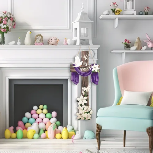 Vista 5 de Menkxi Letrero grande de Pascua con texto en inglés «He Is Risen» para puerta de entrada, decoración de puerta de Pascua para casa de campo