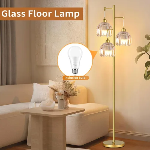 Vista 3 de ZECOXOL Lámparas de pie doradas para sala de estar dormitorio - Lámpara de pie de vidrio de 3 luces con tres bombillas LED, lámpara de pie alta